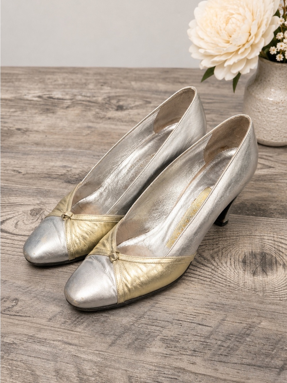 Vintage Helene Arpels Paris Metallic Silver Gold Leather Dress Pumps Size 6